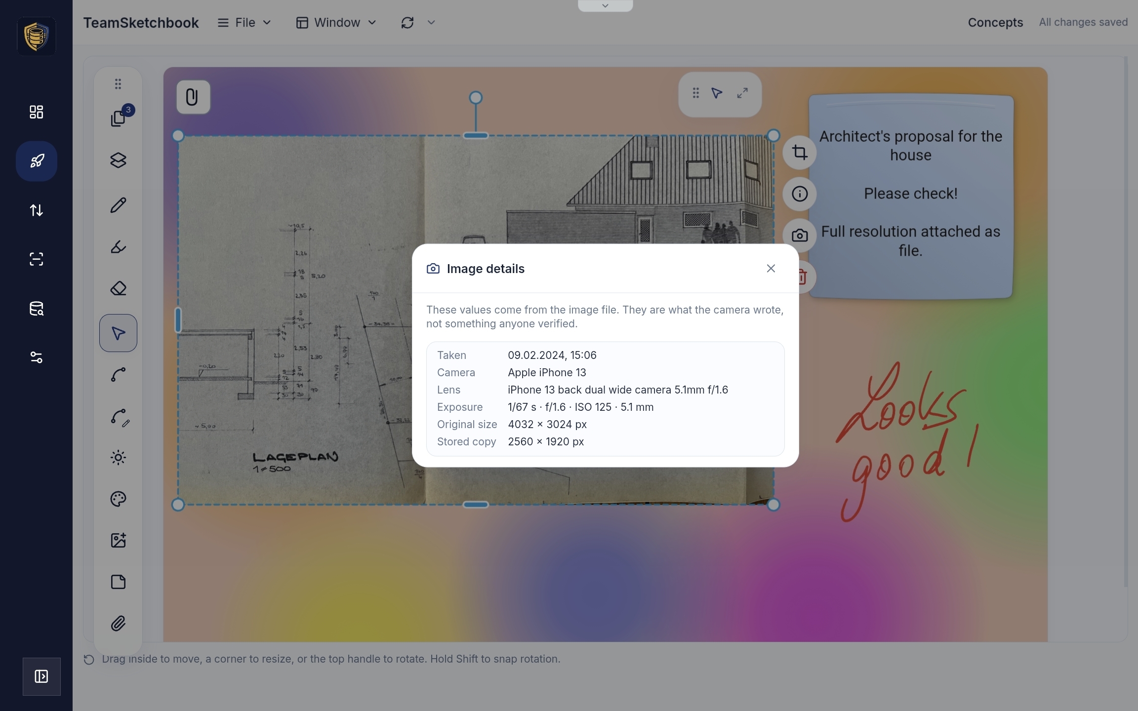 Image details dialog showing EXIF metadata from an iPhone photo, including camera, exposure, and GPS location with a map link