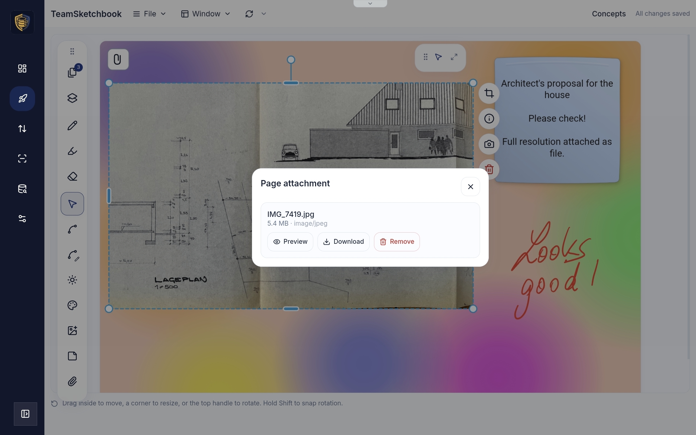 Page attachment dialog for a JPEG with Preview, Download, and Remove actions