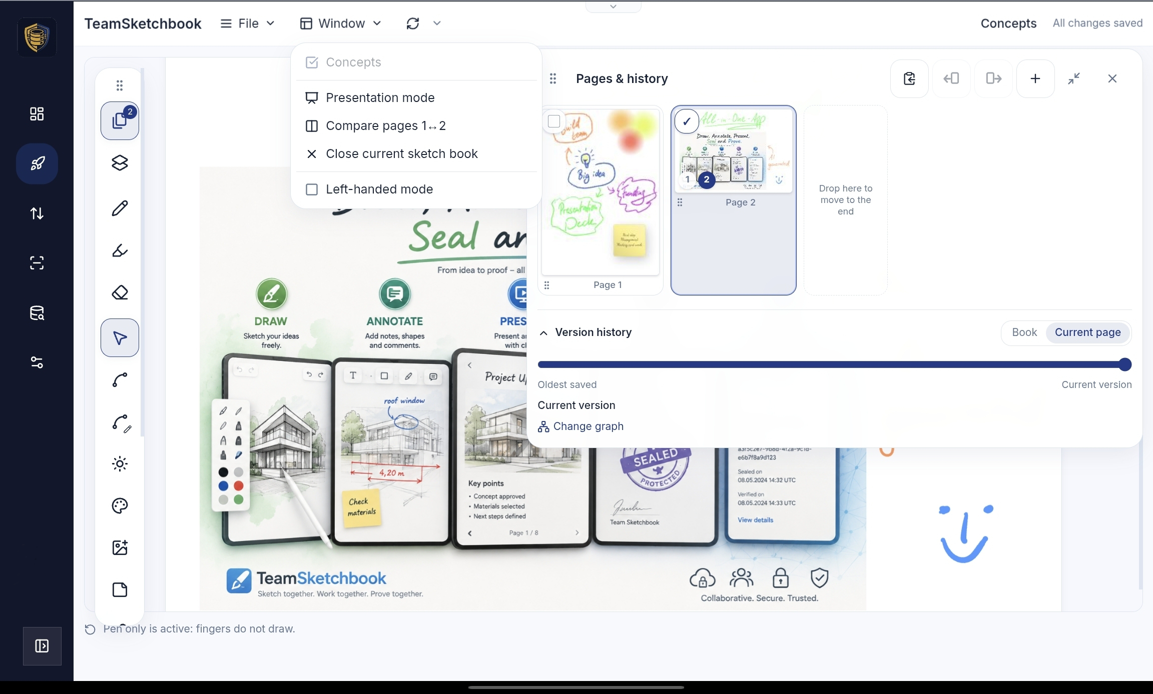 Window menu open with Compare pages 1 to 2 selected