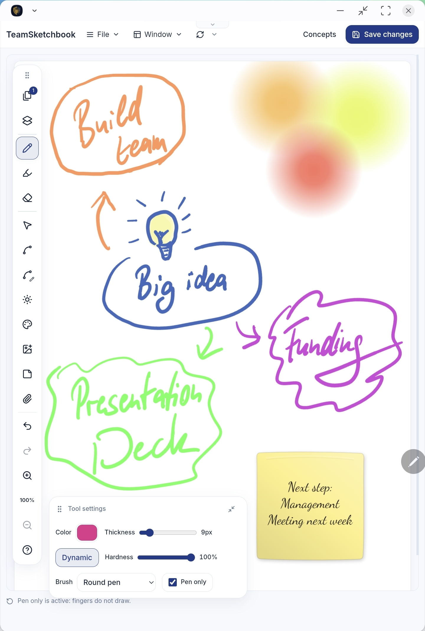 TeamSketchbook canvas with a brainstorm sketch, sticky note, pen tool, and Tool settings panel