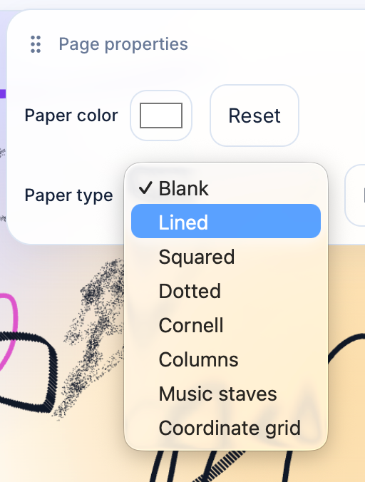 Page properties menu listing paper types: Blank, Lined, Squared, Dotted, Cornell, Columns, Music staves, and Coordinate grid