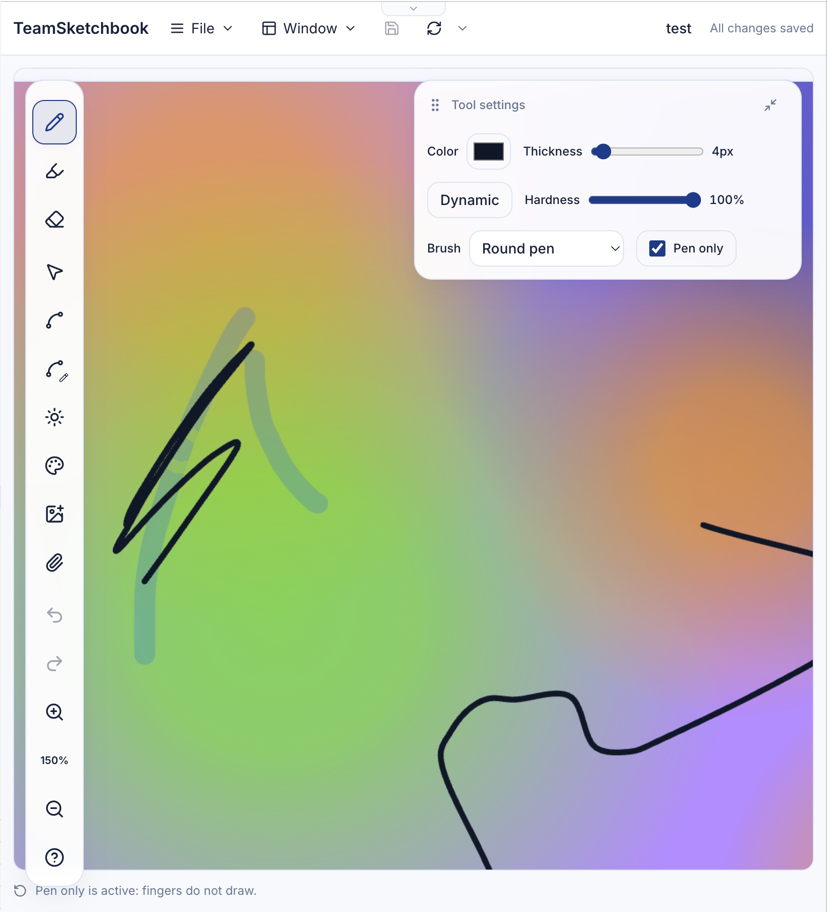 TeamSketchbook canvas with the pen tool and Tool settings panel on a vivid gradient background